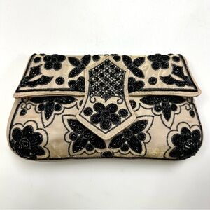 Champagne gold black embellished beaded clutch with shoulder chain Formal Party